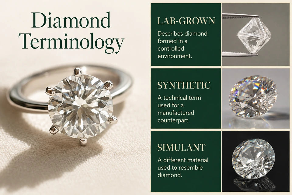 The Vocabulary of Lab-grown Diamonds - Synthetic, Cultured, Engineered, Vs. Simulated - A Jeweler’s Comparison: Describes diamond formed in a controlled environment. A technical term used for a manufactured counterpart.