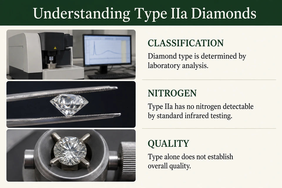 Type IIa Diamonds - Why Most Lab-grown Diamonds Are Structurally Purer Than Natural Ones Guide for Lab-grown Jewelry Buyers: Diamond type is determined by laboratory analysis. Type IIa has no nitrogen detectable by standard infrared testing.