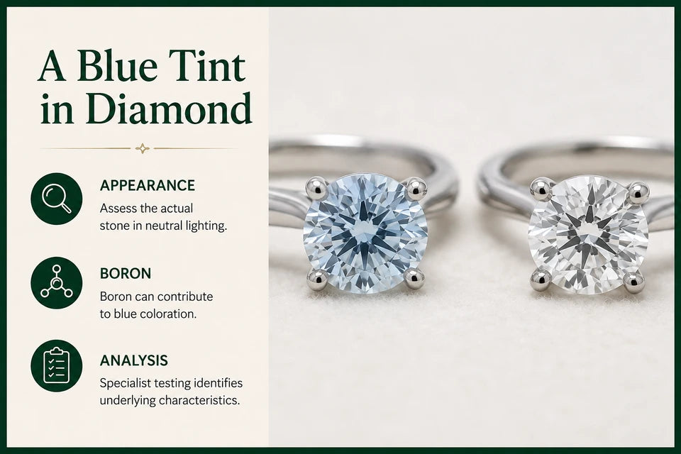Understanding the "boron Blue" Tint in HPHT Lab-grown Diamonds Guide for Lab-grown Jewelry Buyers: Assess the actual stone in neutral lighting. Boron can contribute to blue coloration.