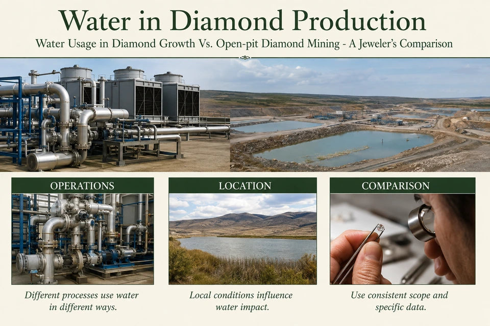 Water Usage in Diamond Growth Vs. Open-pit Diamond Mining - A Jeweler’s Comparison: Different processes use water in different ways. Local conditions influence water impact.
