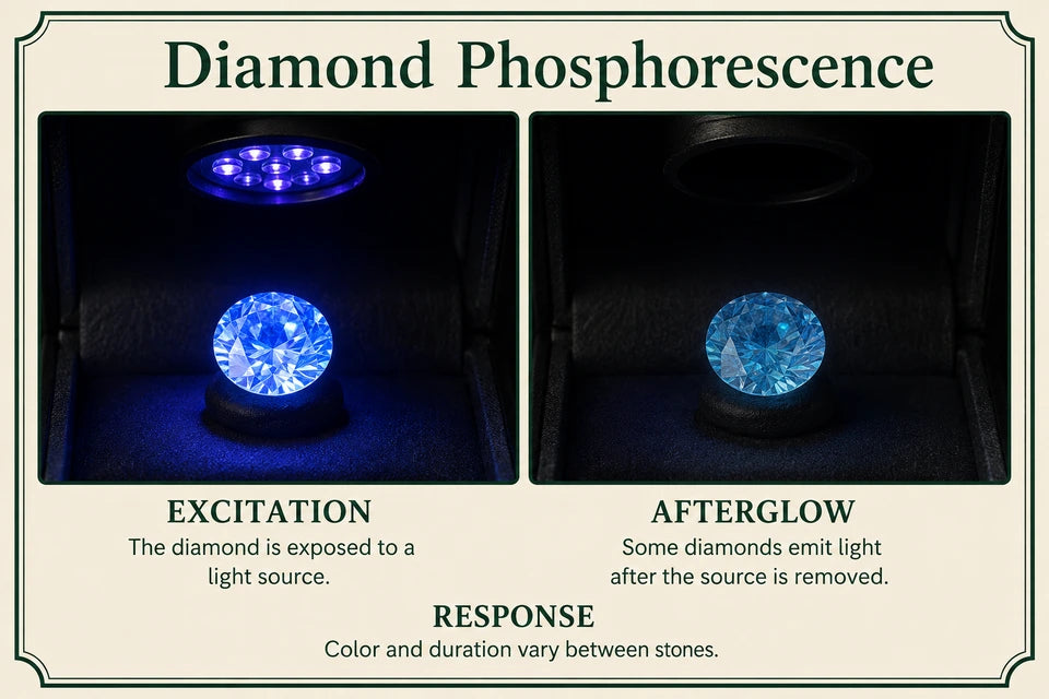 What Are "phosphorescence" Properties in HPHT Diamonds? Guide for Lab-grown Jewelry Buyers: The diamond is exposed to a light source. Some diamonds emit light after the source is removed.