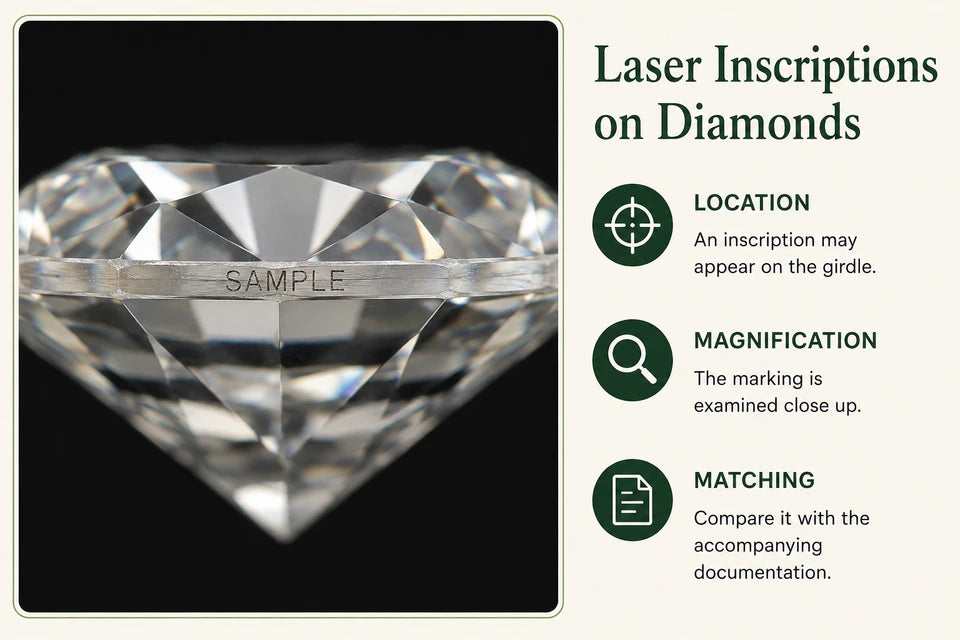 What Is a Laser Inscription on a Lab-grown Diamond, and Why Does It Matter? Explained by a Jeweler: An inscription may appear on the girdle. The marking is examined close up.