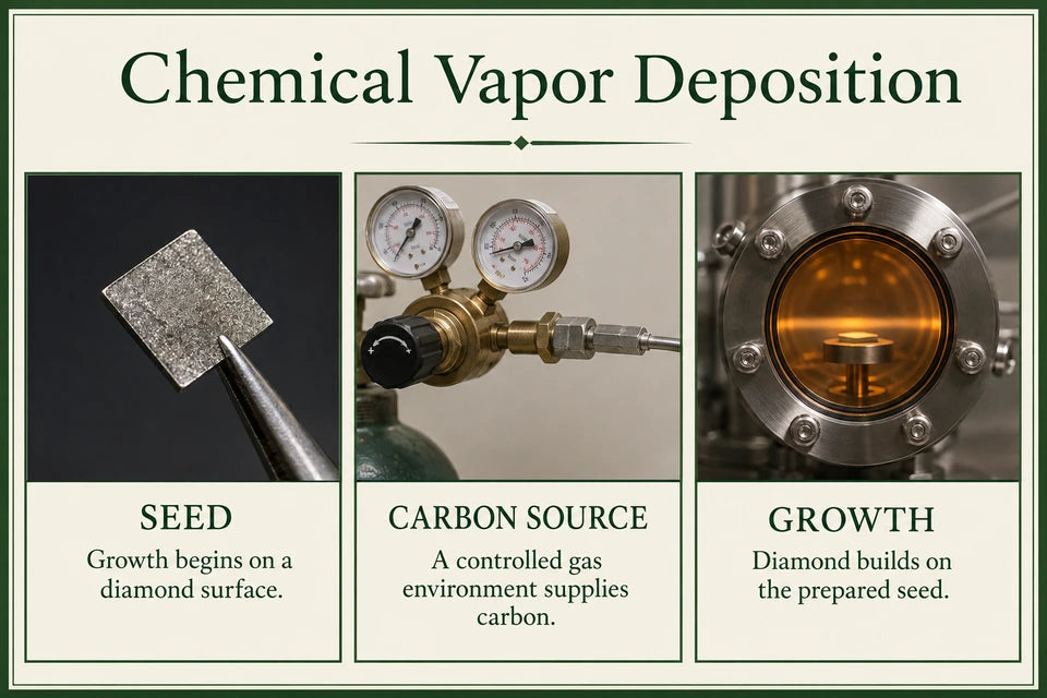 What Is Chemical Vapor Deposition CVD in Diamond Manufacturing? Explained by a Jeweler: Growth begins on a diamond surface. A controlled gas environment supplies carbon.
