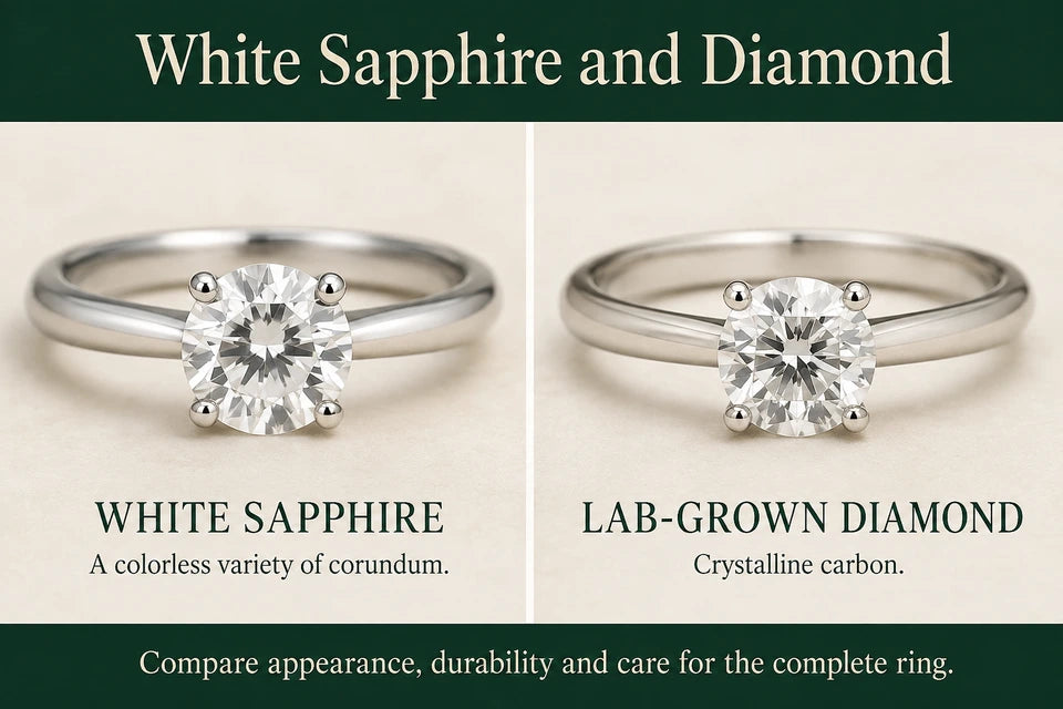 White Sapphire Vs. Lab-grown Diamond - A Comparison of Brilliance and Durability - A Jeweler’s Comparison: A colorless variety of corundum. Crystalline carbon.