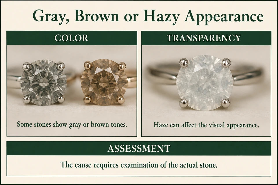 Why Do Some Lab-grown Diamonds Look Grey, Brown, or Milky? The "strain" Factor: Some stones show gray or brown tones. Haze can affect the visual appearance.