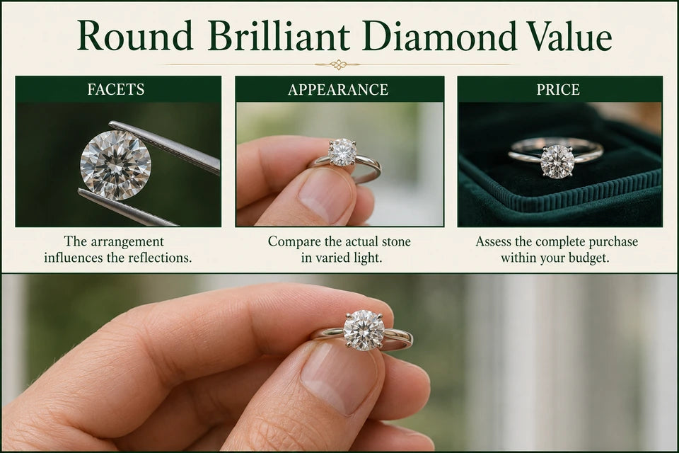 Why Lab-grown Round Brilliant Cuts Offer the Highest Sparkle-to-cost Ratio: The arrangement influences the reflections. Compare the actual stone in varied light.