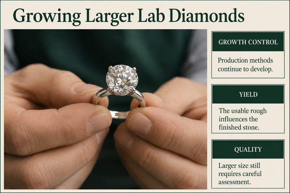 Why Large Lab-grown Diamonds 5+ Carats Are Becoming Easier to Manufacture: Production methods continue to develop. The usable rough influences the finished stone.