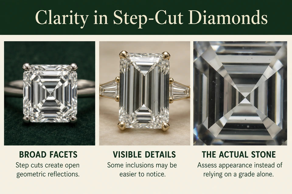 Why Step-cut Lab-grown Diamonds Asscher, Emerald Require Higher Clarity Grades: Step cuts create open geometric reflections. Some inclusions may be easier to notice.