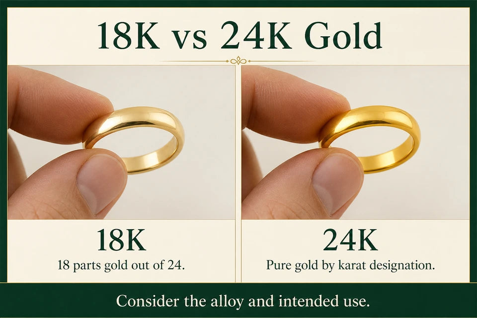 18K vs. 24K Gold: 18 parts gold out of 24. Pure gold by karat designation.