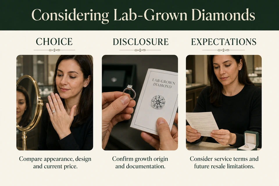 Advantages & Disadvantages of Lab Grown Diamonds: Compare appearance, design and current price. Confirm growth origin and documentation.