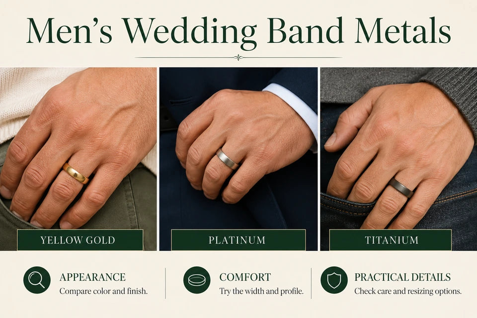 Best Metals for Men's Wedding Bands: Compare color and finish. Try the width and profile.