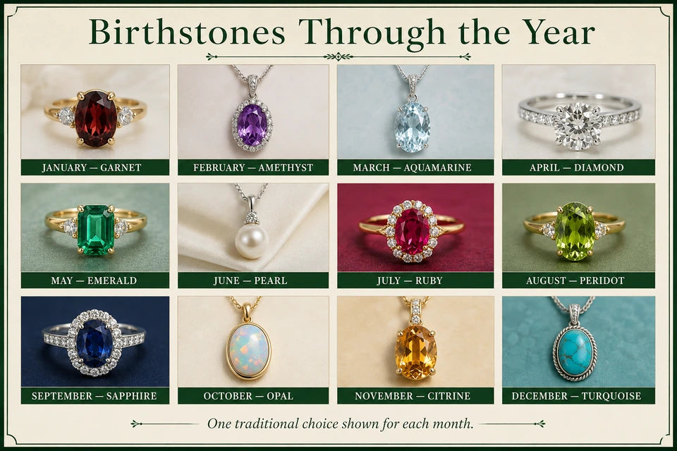 Birthstone Chart: One traditional choice shown for each month.