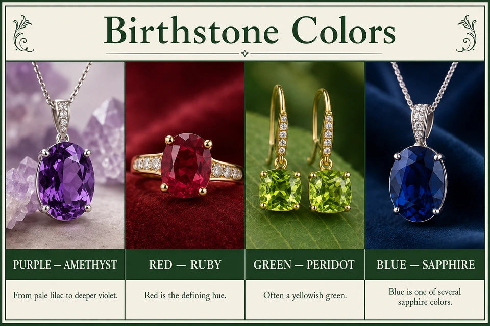 Birthstone Colors: From pale lilac to deeper violet. Red is the defining hue.