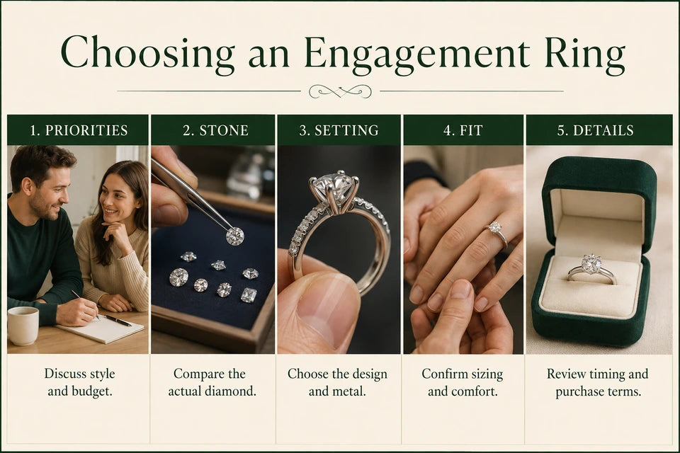Buying an Engagement Ring in 5 Simple Steps: 1. PRIORITIES Discuss style and budget.