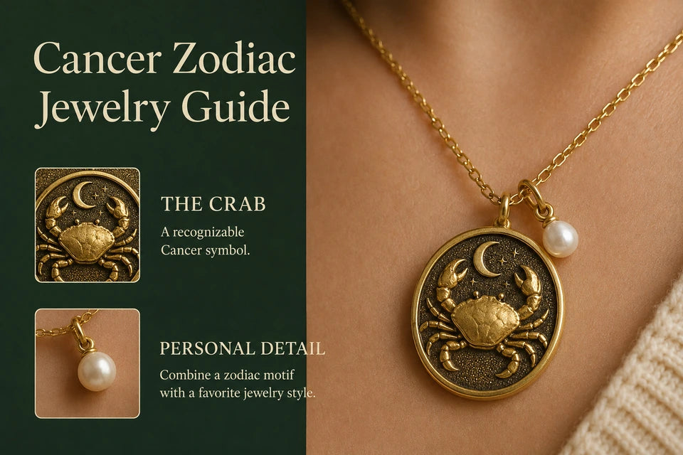 Cancer Zodiac Jewelry Guide: A recognizable Cancer symbol. Combine a zodiac motif with a favorite jewelry style.