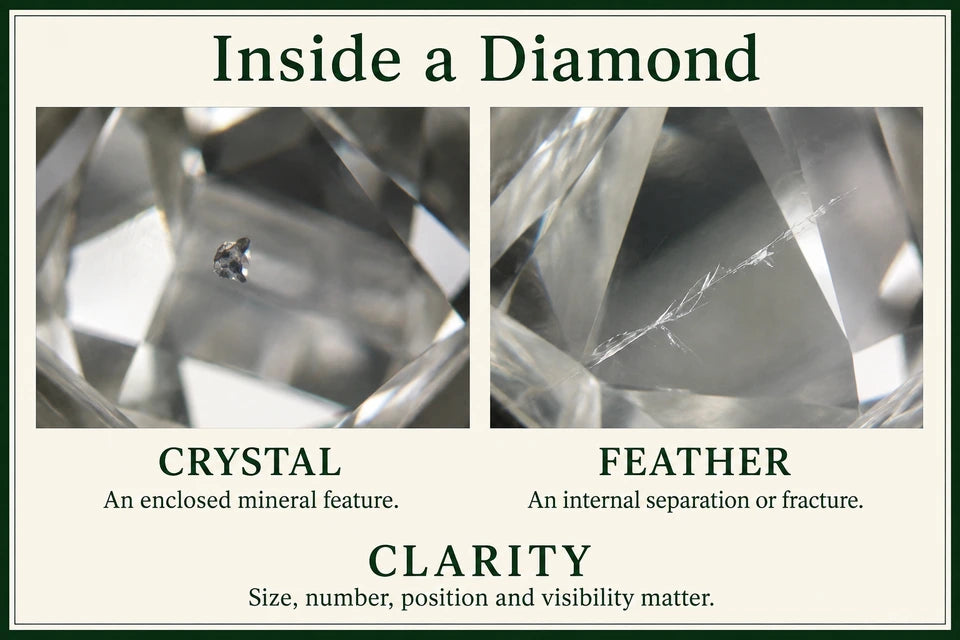 Diamond Inclusions: An enclosed mineral feature. An internal separation or fracture.