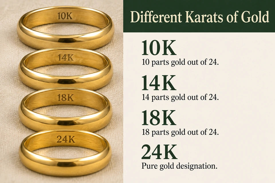 Different Karats of Gold: 10 parts gold out of 24. 14 parts gold out of 24.