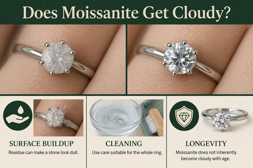 Does Moissanite Get Cloudy?: Residue can make a stone look dull. Use care suitable for the whole ring.