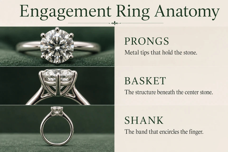 Engagement Ring Anatomy & Terminology: Metal tips that hold the stone. The structure beneath the center stone.