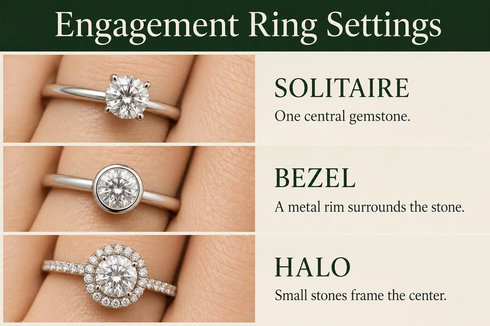 Engagement Ring Styles & Setting Types: One central gemstone. A metal rim surrounds the stone.