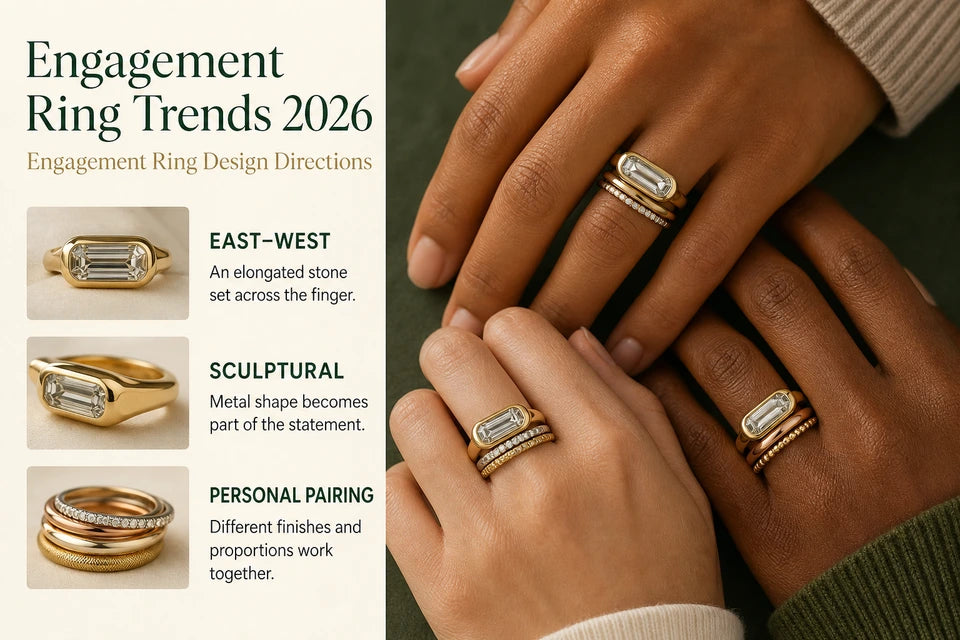 Engagement Ring Trends 2026: An elongated stone set across the finger. Metal shape becomes part of the statement.