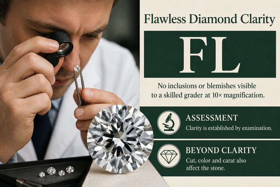 Flawless (FL) Diamond Clarity Guide: No inclusions or blemishes visible to a skilled grader at 10× magnification. Clarity is established by examination.