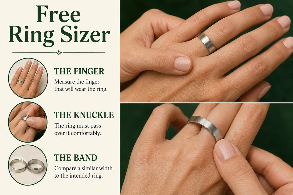 Free Ring Sizer: Measure the finger that will wear the ring. The ring must pass over it comfortably.