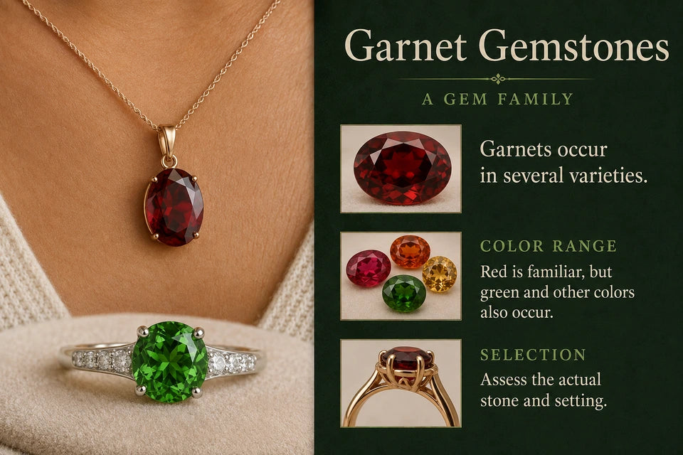 Garnet Guide: Garnets occur in several varieties. Red is familiar, but green and other colors also occur.