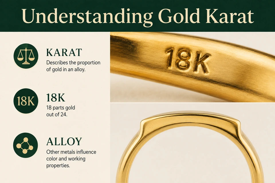 Gold Karat Guide: Describes the proportion of gold in an alloy. 18 parts gold out of 24.