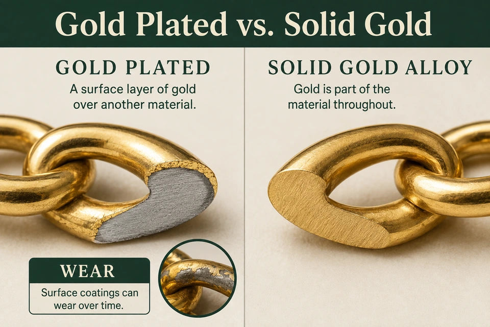 Gold Plated vs. Gold: Gold Plated vs. Solid Gold A surface layer of gold over another material.