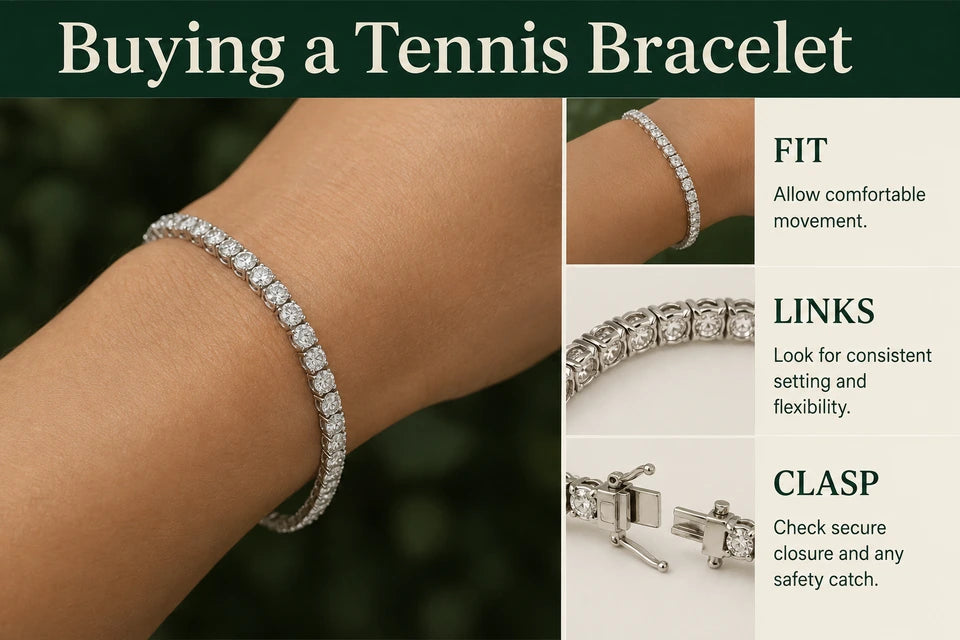 How to Buy a Tennis Bracelet: Allow comfortable movement. Look for consistent setting and flexibility.