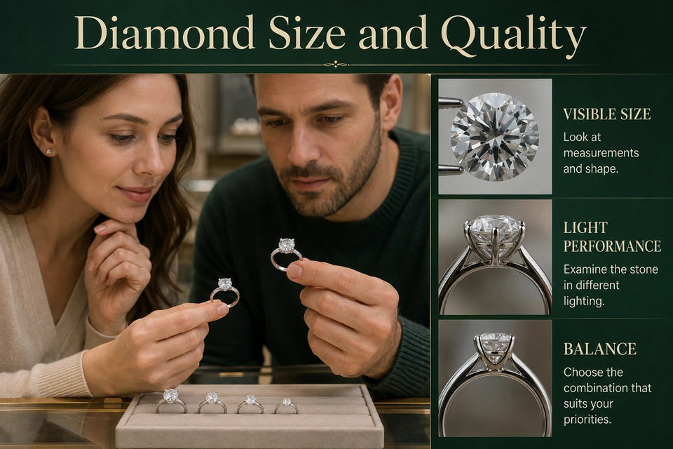 How to Choose Between a Bigger Diamond and Better Quality: Look at measurements and shape. Examine the stone in different lighting.