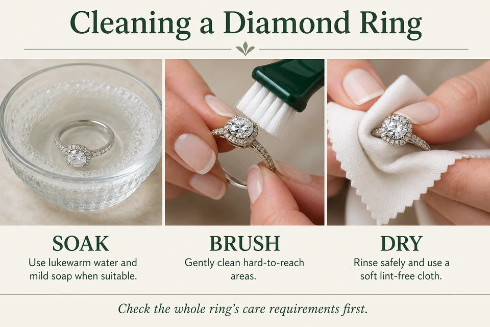 How to Clean a Diamond Ring: Use lukewarm water and mild soap when suitable. Gently clean hard-to-reach areas.
