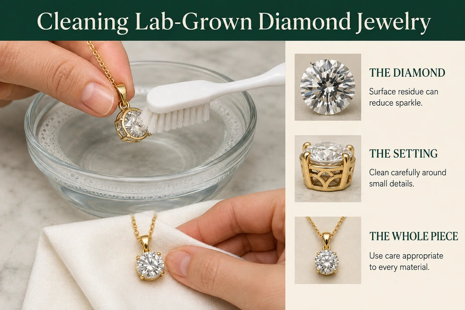 How to Clean Lab Grown Diamonds: Surface residue can reduce sparkle. Clean carefully around small details.