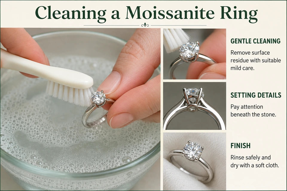 How to Clean Moissanite Rings: Remove surface residue with suitable mild care. Pay attention beneath the stone.