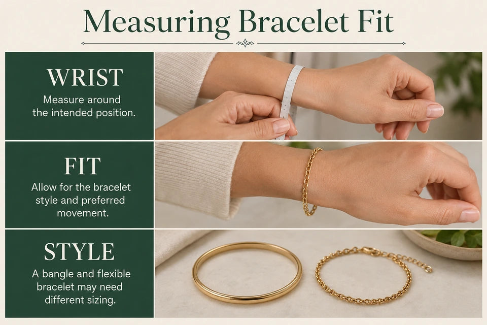 How to Measure Bracelet Size: Measure around the intended position. Allow for the bracelet style and preferred movement.