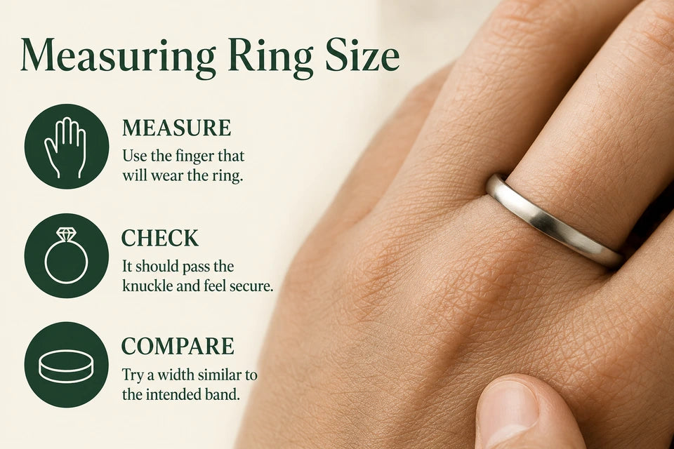 How to Measure Ring Size: Use the finger that will wear the ring. It should pass the knuckle and feel secure.