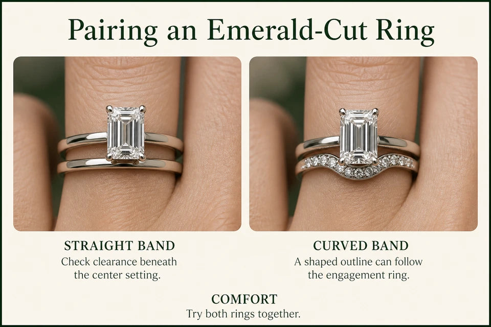 How to Stack an Emerald Cut Engagement Ring with a Wedding Band: Check clearance beneath the center setting. A shaped outline can follow the engagement ring.