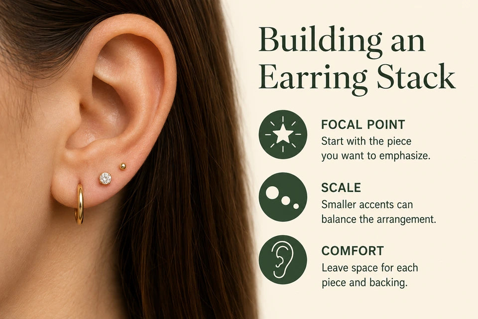 How to Stack Earrings: Start with the piece you want to emphasize. Smaller accents can balance the arrangement.