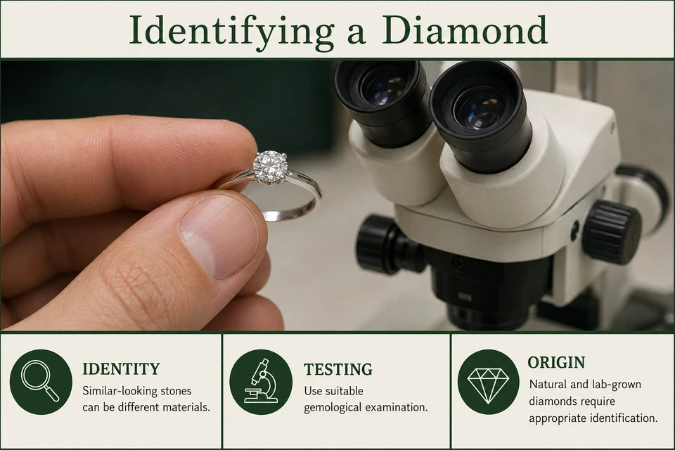 How to Tell if a Diamond is Real: Similar-looking stones can be different materials. Use suitable gemological examination.