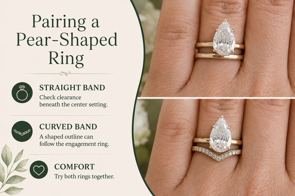 How to Wear a Pear-Shaped Ring with a Wedding Band: Check clearance beneath the center setting. A shaped outline can follow the engagement ring.