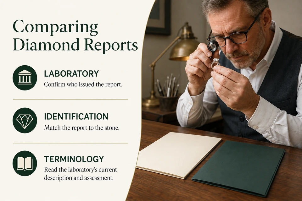 IGI vs. GIA: Confirm who issued the report. Match the report to the stone.