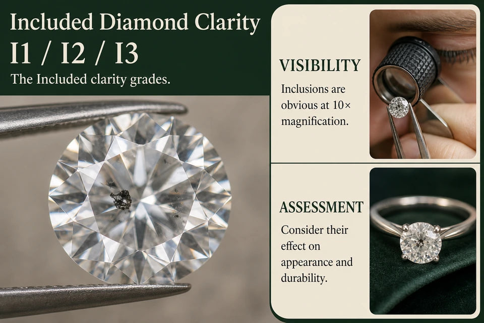 Included (I1, I2, and I3) Diamond Clarity Guide: The Included clarity grades. Inclusions are obvious at 10× magnification.