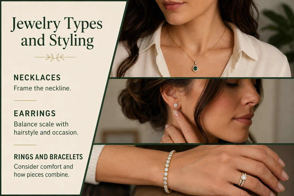 Jewelry Guide: Types, Styles, Trends: Frame the neckline. Balance scale with hairstyle and occasion.