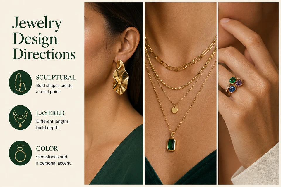 Jewelry Trends 2026: Bold shapes create a focal point. Different lengths build depth.