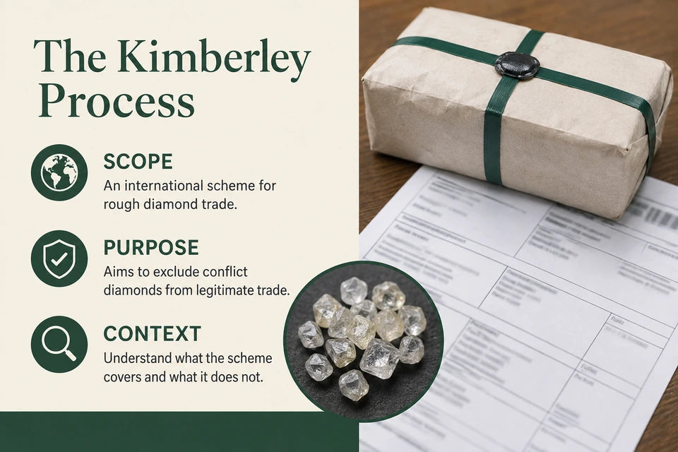 Kimberley Process: An international scheme for rough diamond trade. Aims to exclude conflict diamonds from legitimate trade.