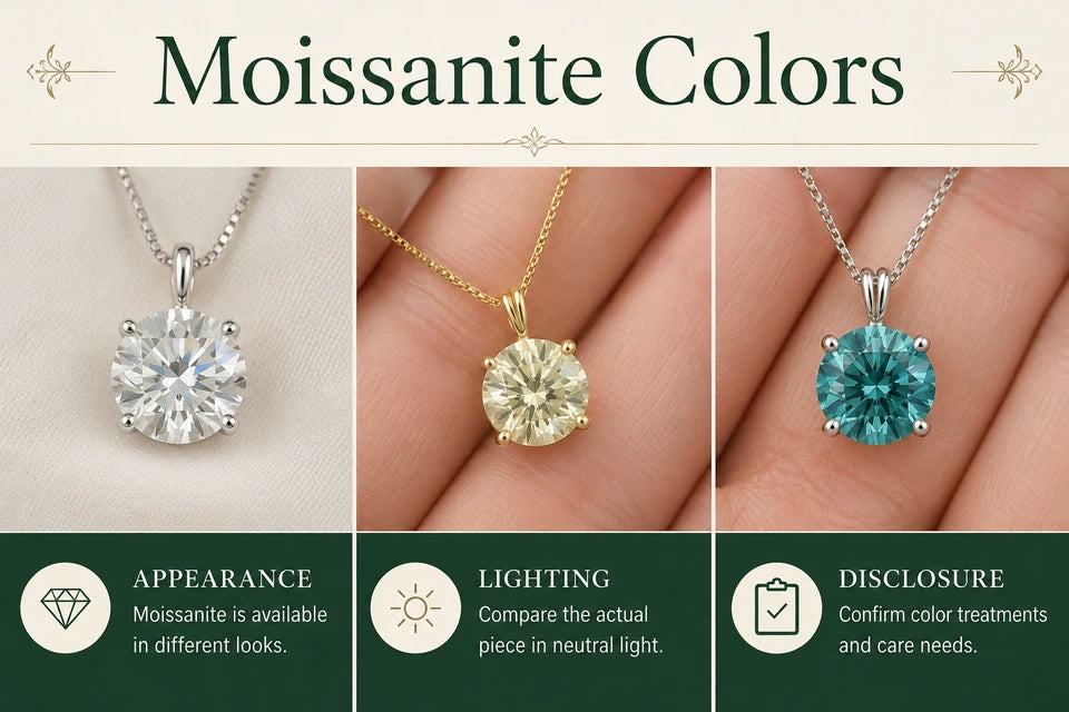Moissanite Colors: Moissanite is available in different looks. Compare the actual piece in neutral light.