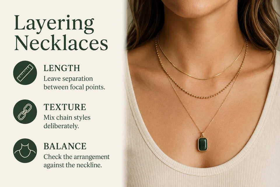 Necklace Layering Guide: Leave separation between focal points. Mix chain styles deliberately.