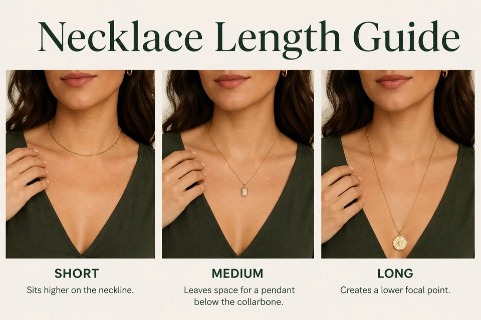 Necklace Length Guide: Sits higher on the neckline. Leaves space for a pendant below the collarbone.