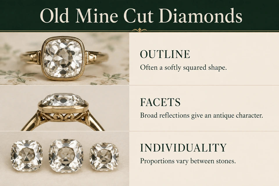 Old Mine Cut Diamond Guide: Often a softly squared shape. Broad reflections give an antique character.